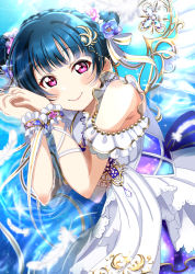 Rule 34 | 1girl, alternate hairstyle, angel of eden (love live!), angel wings, arm ribbon, artist name, artist request, back bow, bare legs, bare shoulders, blue bow, blue flower, blue hair, blue skirt, blue wrist cuffs, blush, bow, braid, breasts, collarbone, crown braid, crystal hair ornament, double bun, dress, feathers, female focus, flower, frilled dress, frills, hair bun, hair flower, hair ornament, hair ribbon, highres, looking at viewer, love live!, love live! school idol festival, love live! school idol festival all stars, love live! sunshine!!, miniskirt, nail, nail polish, own hands together, parted lips, pink eyes, pink flower, pink nails, pink nails, plaid, plaid dress, plaid skirt, pleated, pleated dress, pleated skirt, purple eyes, ribbon, short hair, short sleeves, skirt, sleeveless, sleeveless dress, smile, solo, strapless, strapless dress, striped, striped bow, tsushima yoshiko, white detached collar, white dress, white feathers, white flower, white ribbon, white skirt, white wings, white wrist cuffs, wings, wrist cuffs