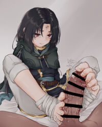 Rule 34 | 2boys, bandages, bandages on feet, black hair, censored, clothed male nude male, facial mark, feet on penis, feet up, fire emblem, fire emblem: path of radiance, fire emblem: radiant dawn, foot focus, footjob, forehead tattoo, foreskin, frown, gorigori urori, head down, heavy breathing, highres, looking at another, male focus, multiple boys, nintendo, nude, penis, pointless censoring, precum, red eyes, soren (fire emblem), sound effects, tattoo, tattoo on forehead, toes, trap, yaoi
