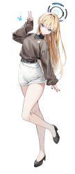 Rule 34 | 1girl, absurdres, alternate costume, animal print, bare legs, belt buckle, black footwear, blonde hair, blue archive, blue eyes, brown shirt, buckle, casual, commentary, fingernails, hair intakes, halo, highres, long hair, long sleeves, looking at viewer, nail polish, rabbit print, shirt, shirt tucked in, simple background, skirt, solo, standing, standing on one leg, sugar (dndi888), toki (blue archive), v, very long hair, white background, white skirt