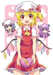 Rule 34 | 3girls, ascot, bat wings, blonde hair, blunt bangs, blush stickers, bow, box, chibi, colonel aki, commentary request, crescent, crescent hat ornament, crescent moon, flandre scarlet, hair between eyes, hat, hat ornament, hat ribbon, heart, heart-shaped box, long hair, long sleeves, looking at viewer, mob cap, moon, multiple girls, nightgown, open mouth, patchouli knowledge, puffy short sleeves, puffy sleeves, purple eyes, purple hair, red eyes, red skirt, remilia scarlet, ribbon, shirt, short hair, short sleeves, side ponytail, sidelocks, skirt, smile, touhou, valentine, white shirt, white skirt, wings