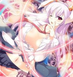 Rule 34 | 1girl, animal ears, breasts, censored, clothes around waist, clothes lift, convenient censoring, dress shirt, female focus, groin, huge breasts, ichio, jacket, jacket around waist, light purple hair, long hair, midriff, navel, necktie, no bra, no panties, one eye closed, open clothes, open shirt, pleated skirt, pointless censoring, rabbit ears, red eyes, red necktie, reisen udongein inaba, shirt, skirt, skirt lift, solo, touhou, wink