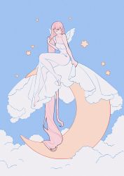 Rule 34 | 1girl, absurdly long hair, absurdres, bare legs, barefoot, blue sky, closed eyes, cloud, crescent moon, dress, feathered wings, hand up, highres, long hair, meyoco, moon, on crescent, original, pink hair, sky, solo, star (symbol), very long hair, white dress, white wings, wide shot, wings