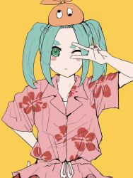 Rule 34 | 1girl, aqua hair, closed mouth, commentary request, floral print, floral print shirt, green eyes, hawaiian shirt, highres, monogatari (series), one eye closed, ononoki yotsugi, pink shirt, shirt, short sleeves, simple background, solo, twintails, upper body, v, v over eye, valhalla0707, w, yellow background