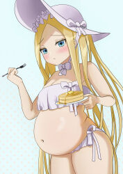 Rule 34 | 1girl, abigail williams (fate), abigail williams (swimsuit foreigner) (fate), absurdres, alternate breast size, big belly, bikini, blonde hair, blue eyes, bow, breasts, butter, commentary, commission, dress swimsuit, expressionless, fat, fate/grand order, fate (series), food, forehead, fork, hair bow, hat, highres, holding, holding fork, light blue background, long hair, looking at viewer, multiple hair bows, navel, pancake, plate, polka dot, polka dot background, skeb commission, small breasts, solo, swimsuit, thighs, vjzv2325, weight gain, white bikini, white hat