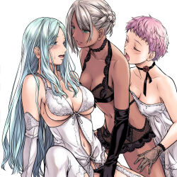Rule 34 | 3girls, black bra, black choker, black gloves, black panties, blue eyes, blue hair, blush, bra, breasts, choker, cleavage, closed eyes, commentary request, dark-skinned female, dark skin, dress, elbow gloves, fff threesome, fingering, gloves, green eyes, grey hair, group sex, highres, large breasts, licking another, lingerie, long hair, medium breasts, multiple girls, navel, open mouth, original, panties, pink hair, revealing clothes, short hair, simple background, sitting, smile, sweat, takekawa shin, threesome, underwear, very short hair, white background, white dress, white gloves, yuri