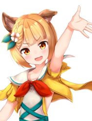 Rule 34 | 1girl, :d, ame., animal ears, arm up, blonde hair, blush, braid, brown eyes, commentary request, cropped jacket, dog ears, flower, granblue fantasy, hair flower, hair ornament, head tilt, highres, jacket, looking at viewer, open mouth, red neckwear, sailor collar, shirt, short hair, smile, solo, upper body, v-shaped eyebrows, vajra (granblue fantasy), white background, white flower, white sailor collar, white shirt, yellow jacket