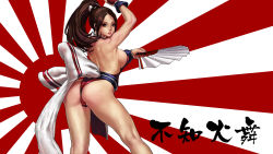 Rule 34 | 1girl, ass, breasts, brown eyes, brown hair, daichan mona, hand fan, fatal fury, folding fan, highres, looking back, ponytail, revealing clothes, shiranui mai, sideboob, solo, the king of fighters