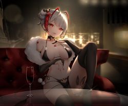 Rule 34 | 1girl, :p, antenna hair, arknights, backless outfit, bat hair ornament, bikini, black bikini, black choker, black gloves, black nails, black ribbon, black thighhighs, breasts, breasts apart, brs (33143752), cherry, choker, collarbone, couch, cup, demon girl, demon horns, demon tail, drink, drinking glass, earrings, elbow gloves, food, food on body, fruit, fur shawl, glass table, gloves, hair bun, hair ornament, horns, indoors, jewelry, knee up, lamp, looking at viewer, md5 mismatch, medium breasts, multicolored hair, nail polish, on couch, open mouth, partially fingerless gloves, pom pom (clothes), red eyes, red hair, resolution mismatch, rhodes island logo (arknights), ribbon, shawl, short hair, side-tie bikini bottom, side bun, silver hair, single side bun, sitting, socks, solo, source larger, stuffed animal, stuffed rabbit, stuffed toy, swimsuit, table, tail, thighhighs, tongue, tongue out, two-tone hair, w (arknights)