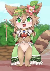 Rule 34 | 1girl, absurdres, animal ears, artemis (cat busters), blush, brown hair, cat, cat busters, clothes lift, dress, dress lift, fang, flower, full body, furry, furry female, green eyes, hair flower, hair ornament, head wreath, highres, long hair, looking at viewer, nebura337, outdoors, pussy, smile, solo, standing, tail