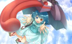 Rule 34 | 1girl, blue eyes, blue hair, blue sky, blue vest, brown footwear, cloud, collar, collared shirt, cross-laced vest, floating, frilled collar, frilled sleeves, frills, game cg, geta, heterochromia, long sleeves, looking at viewer, miniskirt, official art, one-eyed, outstretched arms, puffy long sleeves, puffy sleeves, reaching, reaching towards viewer, red eyes, shirt, short hair, skirt, sky, smile, tatara kogasa, tatsuki maki, third-party source, tongue, tongue out, touhou, touhou cannonball, umbrella, v-shaped eyebrows, vest, white shirt