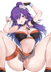 Rule 34 | 1girl, :o, armband, bare shoulders, bikini, black bikini, black choker, black gloves, breasts, choker, cleavage, commentary request, fingerless gloves, fire emblem, fire emblem: three houses, fire emblem heroes, fire emblem warriors: three hopes, flower, gloves, hair bun, hair flower, hair ornament, hair over one eye, large breasts, long hair, navel, nintendo, official alternate costume, open mouth, partial commentary, purple eyes, purple hair, pussy, shez (female) (fire emblem), shez (female) (summer) (fire emblem), shez (fire emblem), simple background, single hair bun, solo, stomach, swimsuit, thigh strap, thighs, white background, white flower, yuuri (orz commushows)