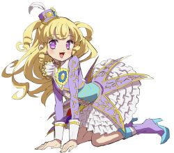 Rule 34 | 1girl, :d, arm support, blonde hair, boots, commentary request, cropped jacket, dress, edamame (buruburu), frilled dress, frills, full body, hat, hat feather, highres, idol clothes, idol time pripara, jacket, long hair, long sleeves, looking at viewer, looking to the side, mini hat, musical note, musical note print, open mouth, pretty series, print dress, pripara, purple dress, purple eyes, purple footwear, purple hat, purple jacket, ringlets, simple background, smile, solo, two side up, white background, yumekawa yui