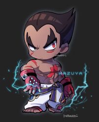 Rule 34 | 1boy, abs, belt, black background, black eyes, character name, fingerless gloves, full body, gloves, kotorai, looking to the side, male focus, mishima kazuya, navel, no nose, pants, pectorals, purple belt, red eyes, red gloves, scar, scar on arm, scar on chest, scar on face, signature, solo, standing, studded gloves, tekken, toenails, toned, toned male, topless male, white pants