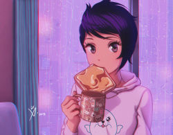 Rule 34 | 1girl, animal print, black eyes, black hair, bread slice, breakfast, character request, copyright request, cup, eyelashes, food, food in mouth, food print, holding, holding cup, japan, leo queval, looking at viewer, mouth hold, portrait, rain, seal (animal), short hair, signature, solo, tan, toast, toast in mouth