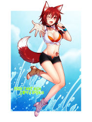 Rule 34 | 1girl, animal ears, armband, artist name, breasts, choker, cleavage, crop top, dated, fang, fingernails, flower, fox ears, fox tail, front-tie top, groin, heart, highres, inari, konshin, large breasts, legs, long legs, microphone, midriff, navel, one eye closed, opera the vermelho, pixiv fantasia, pixiv fantasia sword regalia, red eyes, red hair, shiny skin, shirt, shoes, short shorts, shorts, smile, solo, tail, tattoo, thighs, tied shirt, toeless footwear, toenails, toes, wink