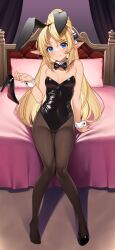 Rule 34 | 1girl, animal ears, bare shoulders, black bow, black bowtie, black leotard, blonde hair, blue eyes, bow, bowtie, breasts, brown pantyhose, collar, commentary request, detached collar, elf, enjo kouhai, extra ears, fake animal ears, full body, high heels, highres, holding, holding shoes, iris (takunomi), knees together feet apart, leotard, long hair, long pointy ears, looking at viewer, on bed, pantyhose, playboy bunny, pointy ears, ponytail, rabbit ears, shoes, unworn shoes, single shoe, sitting, small breasts, solo, strapless, strapless leotard, takunomi, white collar, white wrist cuffs, wrist cuffs