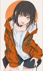 Rule 34 | 1girl, belt, belt collar, black belt, black hair, black shorts, candy, collar, collarbone, commentary request, cowboy shot, drawstring, eyes visible through hair, food, food in mouth, grey background, haku geroda, hand on own hip, hand on own thigh, highres, hood, hood down, jacket, light brown hair, lollipop, looking at viewer, mouth hold, multicolored hair, open clothes, open jacket, open mouth, orange background, orange eyes, orange jacket, original, shirt, short shorts, shorts, sleeves past wrists, solo, spaghetti strap, streaked hair, teeth, teeth hold, thick eyelashes, thighs, two-tone background, white shirt, zipper pull tab