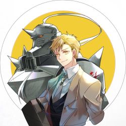 Rule 34 | 1boy, alphonse elric, armor, arms at sides, av (abusive), backlighting, beige coat, beige neckwear, black outline, black vest, blonde hair, carrying, carrying under arm, circle, closed mouth, coat, collared shirt, cropped torso, dress shirt, facing viewer, flamel symbol, formal, fullmetal alchemist, helmet, jitome, looking afar, male focus, necktie, open clothes, open coat, outline, red eyes, shaded face, shirt, shoulder spikes, simple background, smile, spiked helmet, spikes, suitcase, two-tone background, upper body, vest, white background, white shirt, yellow background, yellow eyes