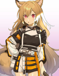 Rule 34 | 1girl, arknights, belt, black dress, breasts, ceobe (arknights), coat, cowboy shot, dress, gradient background, highres, holding, holding staff, light brown hair, long hair, long sleeves, michia (bourgognepony), open mouth, red eyes, small breasts, solo, staff, tail, white coat
