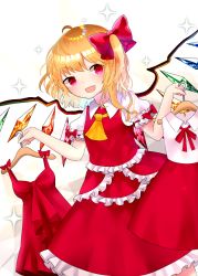 Rule 34 | 1girl, :d, adapted costume, ahoge, arms up, ascot, blonde hair, breasts, clothes hanger, cowboy shot, crystal, dress, dutch angle, fang, flandre scarlet, frilled skirt, frilled sleeves, frilled vest, frills, hair ribbon, holding, layered dress, layered skirt, looking at viewer, no headwear, open mouth, puffy short sleeves, puffy sleeves, red eyes, red skirt, red vest, ribbon, sakizaki saki-p, shirt, short hair, short sleeves, side ponytail, simple background, skirt, sleeveless, sleeveless dress, sleeveless shirt, small breasts, smile, solo, sparkle, touhou, vest, white background, white shirt, wings, yellow ascot