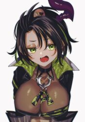 Rule 34 | 1girl, aragami oga, bandeau, between breasts, black bandeau, black hair, black jacket, blush, breasts, brown shirt, camouflage, crop top, fang, genderswap, genderswap (mtf), green eyes, green hair, half-closed eyes, highres, holostars, horns, jacket, large breasts, looking at viewer, midriff, momiage 40, multicolored hair, navel, open clothes, open jacket, open mouth, purple horns, see-through, shirt, short hair, simple background, single horn, smug, solo, streaked hair, upper body, v-shaped eyebrows, virtual youtuber, white background