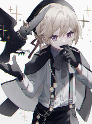 Rule 34 | 1boy, bird, black bow, black bowtie, black gloves, black hat, black jacket, black shorts, blonde hair, bow, bowtie, braid, brooch, buttons, chain, covering own mouth, crow, crown, epaulettes, gloves, hand over own mouth, hat, highres, jacket, jacket on shoulders, jewelry, kodona, lolita fashion, long hair, long sleeves, low ponytail, male focus, namiki itsuki, necklace, original, purple eyes, shirt, shorts, simple background, sleeve cuffs, solo, sparkle, suspender shorts, suspenders, white background, white shirt