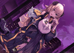 Rule 34 | 1girl, ahoge, animal ears, bare shoulders, blonde hair, breasts, coat, digital media player, dog tags, dutch angle, finger to mouth, fur trim, headphones, highres, hololive, horns, long hair, looking at viewer, open mouth, overcoat, purple eyes, sheep ears, sheep girl, skyline, smile, solo, tongue, tongue out, torn clothes, tsumeki, tsunomaki watame, virtual youtuber