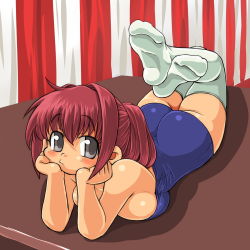 Rule 34 | 1girl, ass, bad id, bad pixiv id, blush, bored, breast press, breasts, dd (ijigendd), feet, female focus, full body, grey eyes, head rest, large breasts, lying, on stomach, one-piece swimsuit, original, red hair, school swimsuit, socks, solo, swimsuit, thighhighs, white socks, white thighhighs