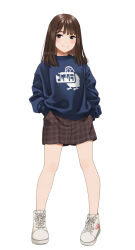 Rule 34 | 1girl, animal print, baggy clothes, bird print, black eyes, blue sweater, blush, brown hair, brown skirt, closed mouth, eyebrows hidden by hair, full body, hands in pockets, looking at viewer, mattaku mousuke, medium hair, miniskirt, original, pigeon-toed, plaid, plaid skirt, pleated skirt, print sweater, simple background, skirt, smile, solo, standing, sweater, tachi-e, twitter username, white background, white footwear