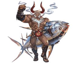 Rule 34 | 1boy, abs, bald, beard, dark-skinned male, dark skin, draph, facial hair, fish, full body, fundoshi, ghandagoza, gloves, granblue fantasy, headband, horns, japanese clothes, male focus, male underwear, minaba hideo, official art, open mouth, red eyes, sandals, topless male, solo, sparkle, teeth, transparent background, white hair, white male underwear