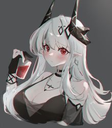 Rule 34 | 1girl, absurdres, arknights, bare shoulders, black choker, black dress, black gloves, blush, breasts, chinese commentary, choker, cleavage, commentary request, cropped torso, cup, detached sleeves, dress, drinking glass, earrings, gloves, grey background, halter dress, halterneck, highres, holding, holding cup, horns, jewelry, large breasts, long hair, looking at viewer, mudrock (arknights), mudrock (obsidian) (arknights), necklace, pointy ears, red eyes, sanqianqianqianqian w, short sleeves, simple background, sleeveless, sleeveless dress, solo, upper body, white hair