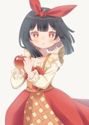 Rule 34 | 1girl, apple, apple hair ornament, black hair, blunt bangs, blunt tresses, blush, bow, chestnut mouth, collarbone, cross-laced clothes, cross-laced dress, food, food-themed hair ornament, frills, fruit, hair bow, hair ornament, highres, holding, holding food, holding fruit, layered skirt, long sleeves, looking away, looking to the side, original, red eyes, short hair, skirt, solo, suspender skirt, suspenders, yuino ruria