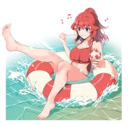 1girl barefoot bikini blue_eyes blush breasts closed_mouth collarbone cup eating feet food frilled_bikini frills fruit full_body go-toubun_no_hanayome hair_ornament holding holding_cup innertube leg_up legs medium_breasts musical_note nakano_itsuki ocean outdoors parfait red_bikini red_hair smile soles solo splashing star_(symbol) star_hair_ornament strawberry swim_ring swimsuit toenails toes yuuri_(orz_commushows)