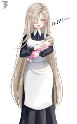 Rule 34 | 2girls, absurdres, alternate hair length, alternate hairstyle, apron, asymmetrical hair, azur lane, baby, baby carry, black dress, carrying, collared dress, commentary, commission, dress, english commentary, hair over one eye, highres, jewelry, light brown hair, long hair, long neck, long sleeves, mother and son, multiple girls, music, musical note, open mouth, orange eyes, ornate ring, ring, second-party source, sheffield (azur lane), short hair, singing, sound effects, teeth, toy bits, upper teeth only, very long hair, wedding ring, white apron, white background, zzz