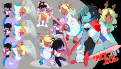 Rule 34 | 1girl, 1other, :3, animal, animal ears, antlers, armor, black hair, blonde hair, blue eyes, blue skin, burger, character name, closed eyes, colored skin, cotton candy, deer antlers, deer ears, deer girl, deltarune, eating, food, furry, furry female, gloves, hair between eyes, highres, holding, holding food, holding sword, holding weapon, horns, index finger raised, kris (deltarune), long hair, mouse (animal), multiple views, noelle holiday, red eyes, red scarf, robe, scarf, senjochi janai, shield, short hair, signature, simple background, sparkle, sunglasses, sweat, sword, tears, weapon, white gloves, white robe