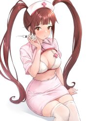 Rule 34 | 1girl, absurdres, arm support, b1ack illust, blush, bra, breasts, brown hair, cleavage, commission, hat, highres, holding, holding syringe, idolmaster, idolmaster million live!, invisible chair, long hair, looking at viewer, matsuda arisa, medium breasts, navel, nurse, nurse cap, pink shirt, pink skirt, pixiv commission, shirt, sitting, skirt, solo, syringe, thighhighs, twintails, underwear, very long hair, white bra, white thighhighs