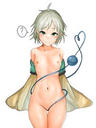 Rule 34 | 1girl, ?, absurdres, ahoge, breasts, closed mouth, cowboy shot, green eyes, green hair, groundground222, heart o-ring, highres, koishi day, komeiji koishi, looking at viewer, navel, nipples, pointy ears, short hair, simple background, small breasts, smile, solo, spoken question mark, standing, third eye, touhou, white background