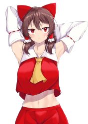 Rule 34 | 1girl, armpits, arms up, black hair, bow, breasts, brown hair, closed mouth, commentary request, cookie (touhou), cowboy shot, crop top, detached sleeves, hair bow, hakurei reimu, highres, ikikiksgiksg, large breasts, looking at viewer, medium hair, navel, necktie, red bow, red eyes, red shirt, red skirt, reu (cookie), ribbon-trimmed sleeves, ribbon trim, shirt, simple background, skirt, sleeveless, sleeveless shirt, solo, touhou, white background, white sleeves, yellow necktie