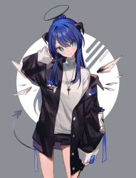 Rule 34 | 1girl, arknights, bad id, bad pixiv id, black jacket, black shorts, blue eyes, blue hair, blush, commentary, cowboy shot, grey background, grey sweater, halo, hand up, head tilt, highres, horns, jacket, jewelry, juju (jelly fever), long hair, long sleeves, looking at viewer, mostima (arknights), off shoulder, open clothes, open jacket, pendant, short shorts, shorts, smile, solo, standing, sweater, tail, turtleneck, turtleneck sweater