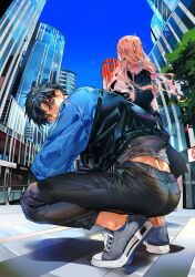 Rule 34 | 1boy, 1girl, ass, black hair, black jacket, black pants, blue eyes, blue jacket, building, character request, copyright request, covered mouth, fisheye, full body, grey shirt, jacket, long hair, looking at viewer, multicolored clothes, outdoors, pants, pink hair, shirt, shoes, short hair, sneakers, squatting, tomcat li