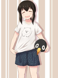 Rule 34 | 1girl, :d, alternate costume, black hair, casual, commentary request, contemporary, dog, failure penguin, fubuki (kancolle), kantai collection, long hair, looking at viewer, low ponytail, open mouth, shirt, shorts, simple background, smile, solo, stuffed animal, stuffed penguin, stuffed toy, t-shirt, yukimi unagi