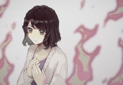 Rule 34 | 1girl, black hair, cardigan, chinese commentary, closed mouth, fire, grey eyes, hand over heart, highres, long sleeves, open cardigan, open clothes, purple shirt, saibou shinkyoku, shirt, simple background, solo, spoilers, white cardigan, yanagi nina, yikousuuu