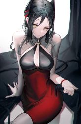 Rule 34 | + +, 1girl, absurdres, alternate costume, arknights, arm at side, black dress, black hair, breasts, cleavage, cleavage cutout, clothing cutout, dress, earrings, gradient dress, hair between eyes, highres, hiyaori (hiyahiyaval), holding, horns, ines (arknights), jewelry, large breasts, long hair, looking at viewer, parted lips, red dress, riding crop, short sleeves, simple background, sitting, solo, white background, wristband, yellow eyes