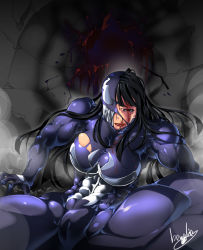 Rule 34 | 1girl, abs, animification, black hair, blood, bowalia, breasts, crater, injury, large breasts, marvel, muscular, muscular female, symbiote, venom (marvel)