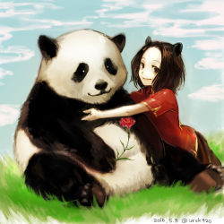 Rule 34 | 1girl, animal, animal ears, blue sky, brown eyes, chinese clothes, closed mouth, cloud, cloudy sky, dated, day, flower, grass, happy, holding, holding flower, hug, looking at viewer, medium hair, original, outdoors, panda, parted bangs, red shirt, rose, shirt, short sleeves, sky, smile, uraki (tetsu420)