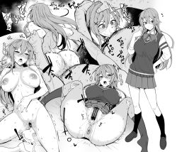 Rule 34 | 1boy, 1girl, alternate costume, anus, ass, blush, bow, breasts, cum, cum in pussy, doggystyle, fellatio, from behind, furen e lustario, grabbing, greyscale, hair ornament, hairpin, hetero, highres, large breasts, long hair, moketa, monochrome, multiple views, nijisanji, nipples, on bed, open mouth, oral, pubic hair, pussy, saliva, school uniform, sex, sex from behind, skirt, socks, sweat, tears, tongue, trembling, virtual youtuber