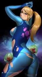 Rule 34 | 1girl, alien, arms up, ass, blonde hair, blue bodysuit, blue eyes, blush, bodysuit, breasts, butt crack, commentary, english commentary, from behind, hair between eyes, hands up, highres, long hair, looking at viewer, looking back, medium breasts, metroid, mole, mole under mouth, nextoad, nintendo, no bra, no panties, ponytail, samus aran, skin tight, skindentation, solo, space, torn bodysuit, torn clothes, zero suit