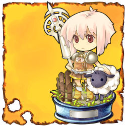 Rule 34 | 1girl, boots, chibi, faux figurine, figure stage, lowres, mayuzumi, pink hair, red eyes, sheep, short hair, skirt, solo