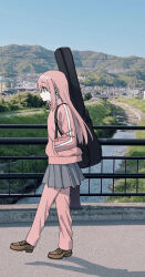 Rule 34 | 1girl, bocchi the rock!, brown footwear, chorohanage, commentary request, from side, full body, gotoh hitori, hand in pocket, highres, instrument case, instrument on back, jacket, loafers, long hair, mountain, outdoors, pants, pants under skirt, photo background, pink hair, pink jacket, pink pants, power lines, railing, river, shoes, solo, track jacket, track pants, track suit, walking