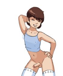 Rule 34 | 1boy, androgynous, brown hair, crossdressing, erection, closed eyes, fridge (artist), hand on own hip, penis, smile, solo, tank top, testicles, thighhighs, trap